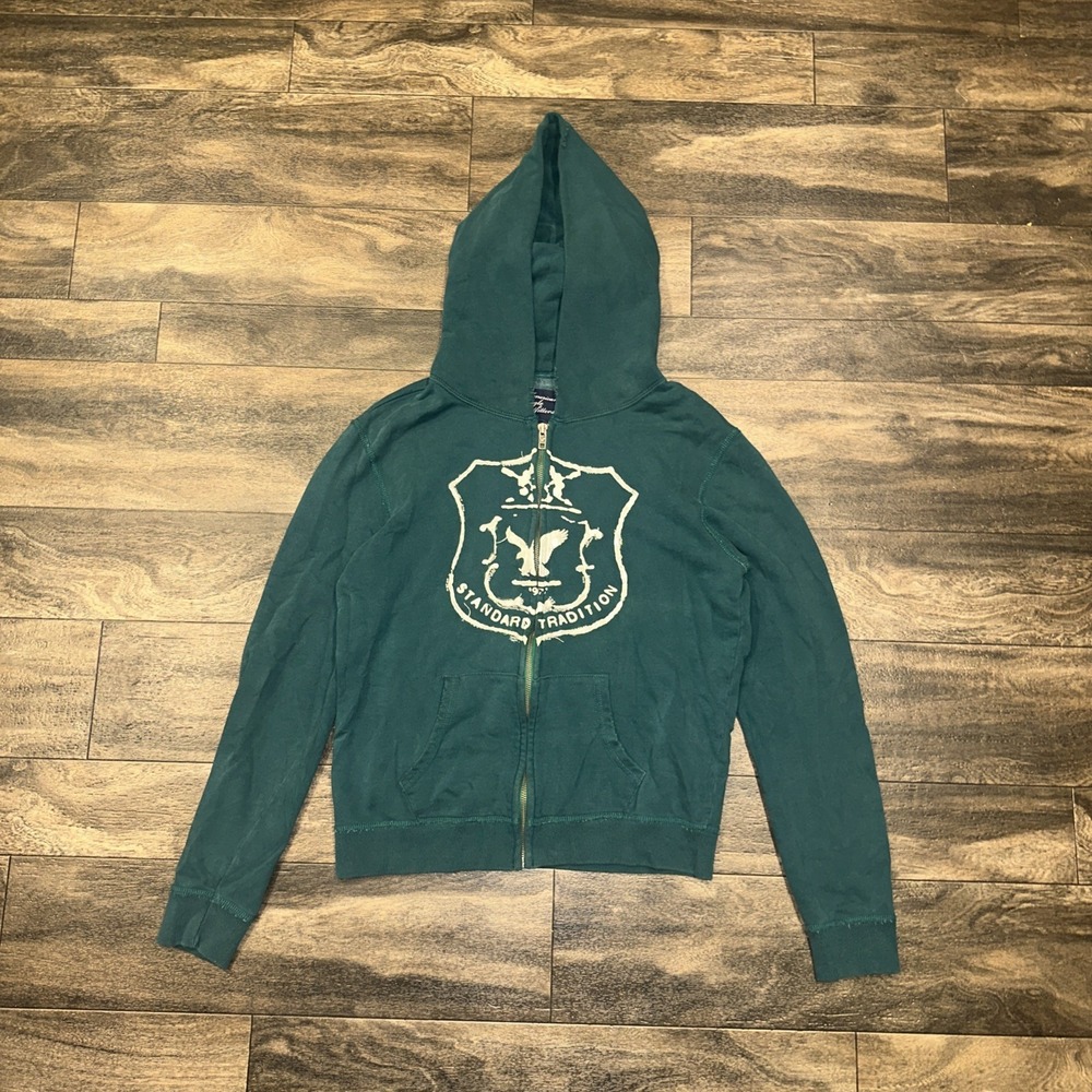 Vintage Y2K American Eagle Full-Zip Hooded Jacket Womens Medium Green Distressed